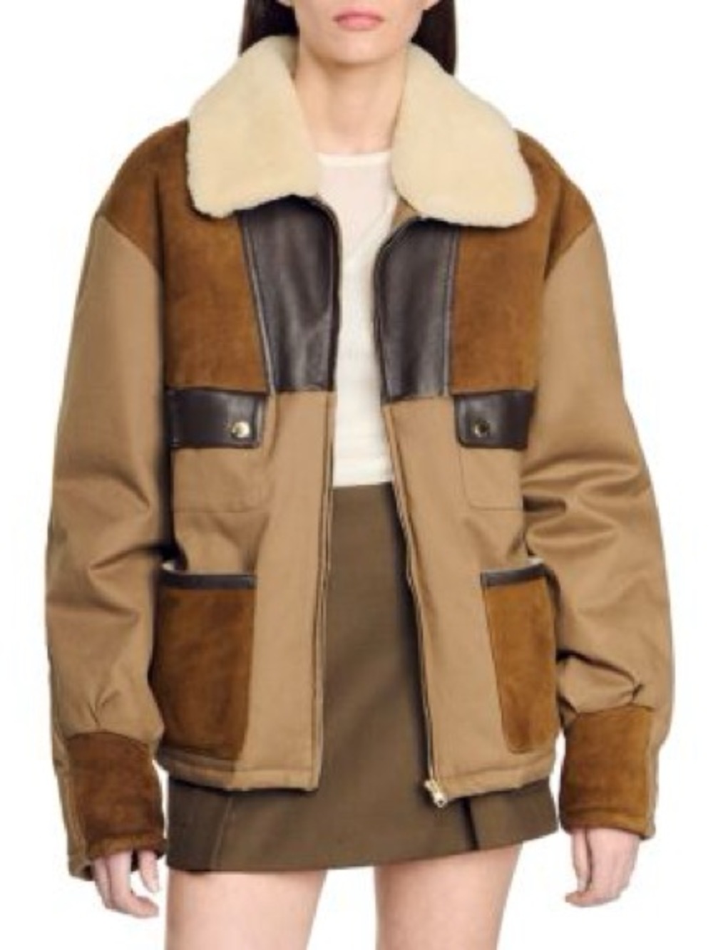 Sandro Douglas Mixed Media Shearling Collar Coat